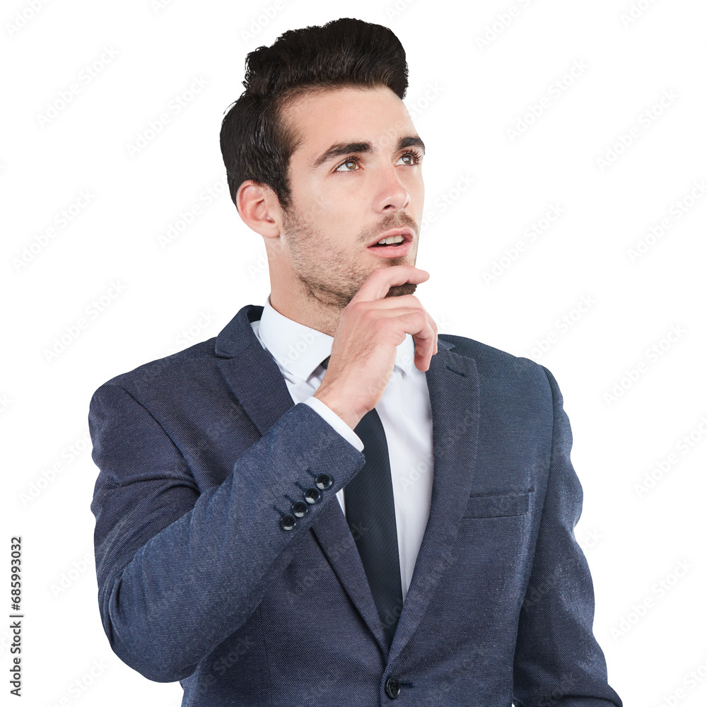 Thinking, vision and future with a business man isolated on a transparent background for problem solving. Idea, planning and brainstorming with a confident young employee on PNG for corporate work Thinking, vision and future with a business man isolated on a transparent background for problem solving. Idea, planning and brainstorming with a confident young employee on PNG for corporate work
