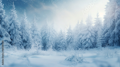 Christmas background with frosty winter landscape in snowy