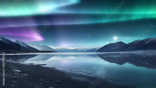 Wallpaper Mural beautiful magical iceberg and snowy mountains with animated northern lights, aurora borealis animation, 4k loop Torontodigital.ca