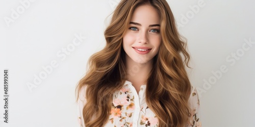 young woman with long hair in a floral dress for her portrait, generative AI