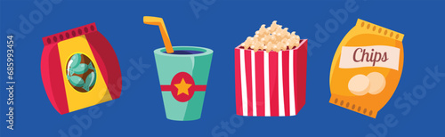 Bright Cinema Snack Element on Blue Background Vector Set