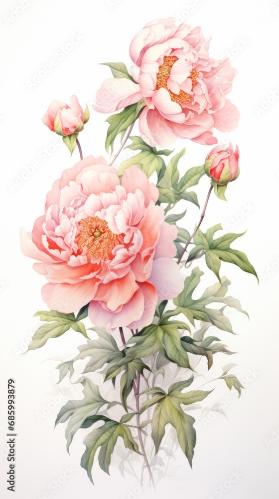 Bouquet of beautiful soft pink peony flowers on white background, watercolor illustration