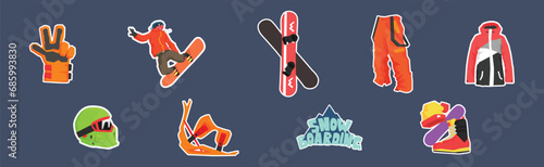 Snowboarding Sticker as Extreme Mountain Sport Vector Set