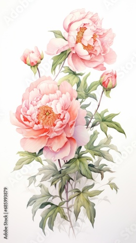 Bouquet of beautiful soft pink peony flowers on white background  watercolor illustration