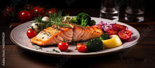 Grilled salmon with assorted vegetables on a plate.