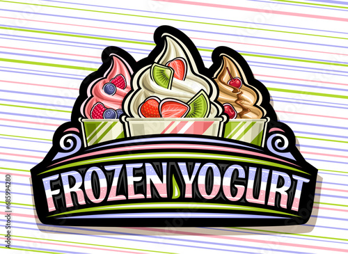 Vector logo for Frozen Yogurt, black decorative signboard with outline illustration of 3 different cool ice creams with fresh fruits in paper bowl and text frozen yogurt on colorful striped background photo