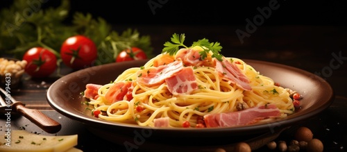 Italian pasta with ham, cheese, tomatoes and seasonings.