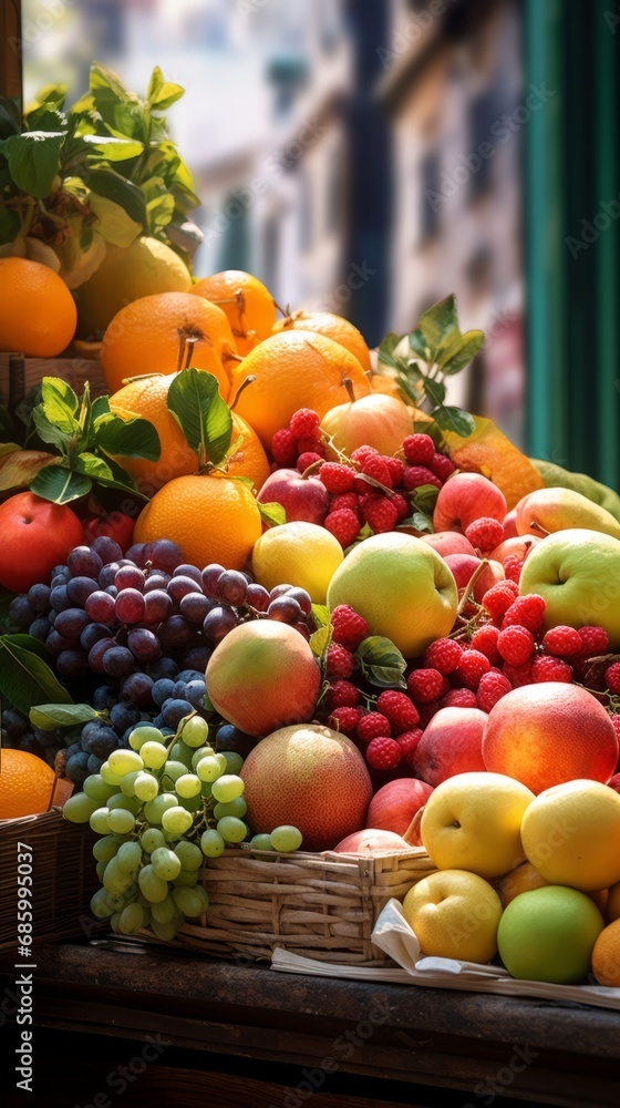 Seasonal fresh fruits at a street outdoor market, variety of organic local products Seasonal fresh fruits at a street outdoor market, variety of organic local products