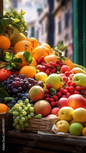 Seasonal fresh fruits at a street outdoor market, variety of organic local products