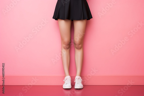 Frauen Beine vor rosafarbenem Hintergrund, schwarzer Rock und weiße Sneaker