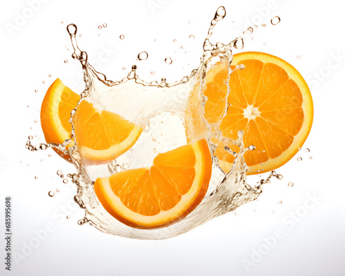 Falling Fresh orange with splash of water high detail on white background