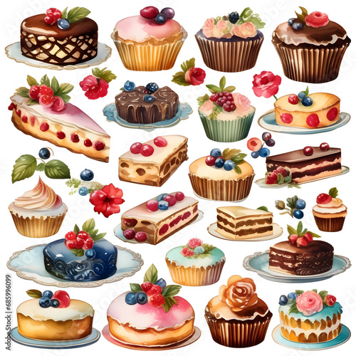 vintage rococo style pastries in various shades on a sticker sheet, clipart