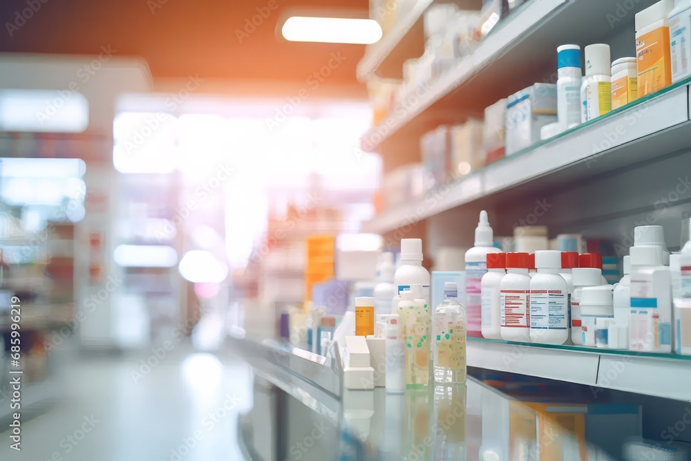 Pharmacy store blurred background without people. AI generative Pharmacy store blurred background without people. AI generative