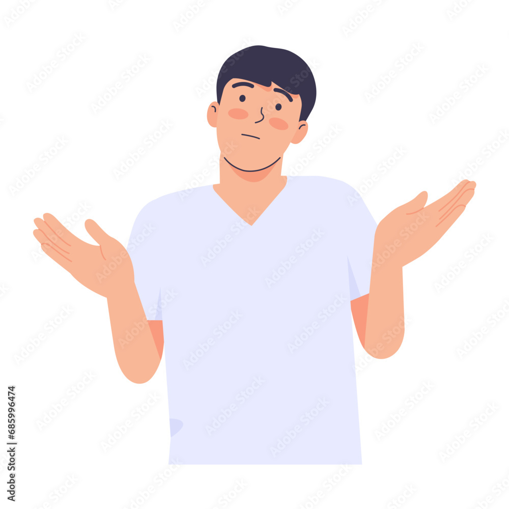 Indifferent young man gestures with open hands and shrugs. Person has a confused and puzzled face. vector illustration in flat style Indifferent young man gestures with open hands and shrugs. Person has a confused and puzzled face. vector illustration in flat style