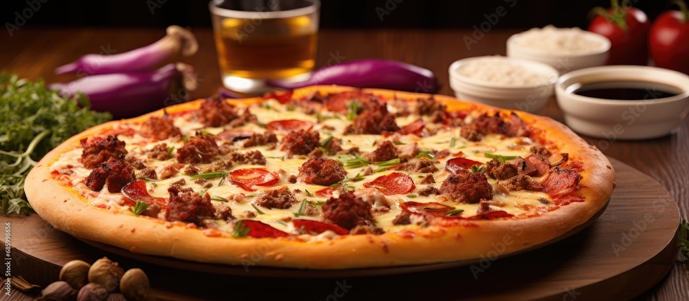 Ready-to-eat Calabresa Sausage Pizza topped with onions, cheese, and olives. Served with utensils and plate.