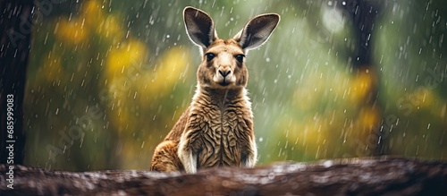 Kangaroo seeking food amidst rain, posing for photo in wild park. Interaction with animals. photo