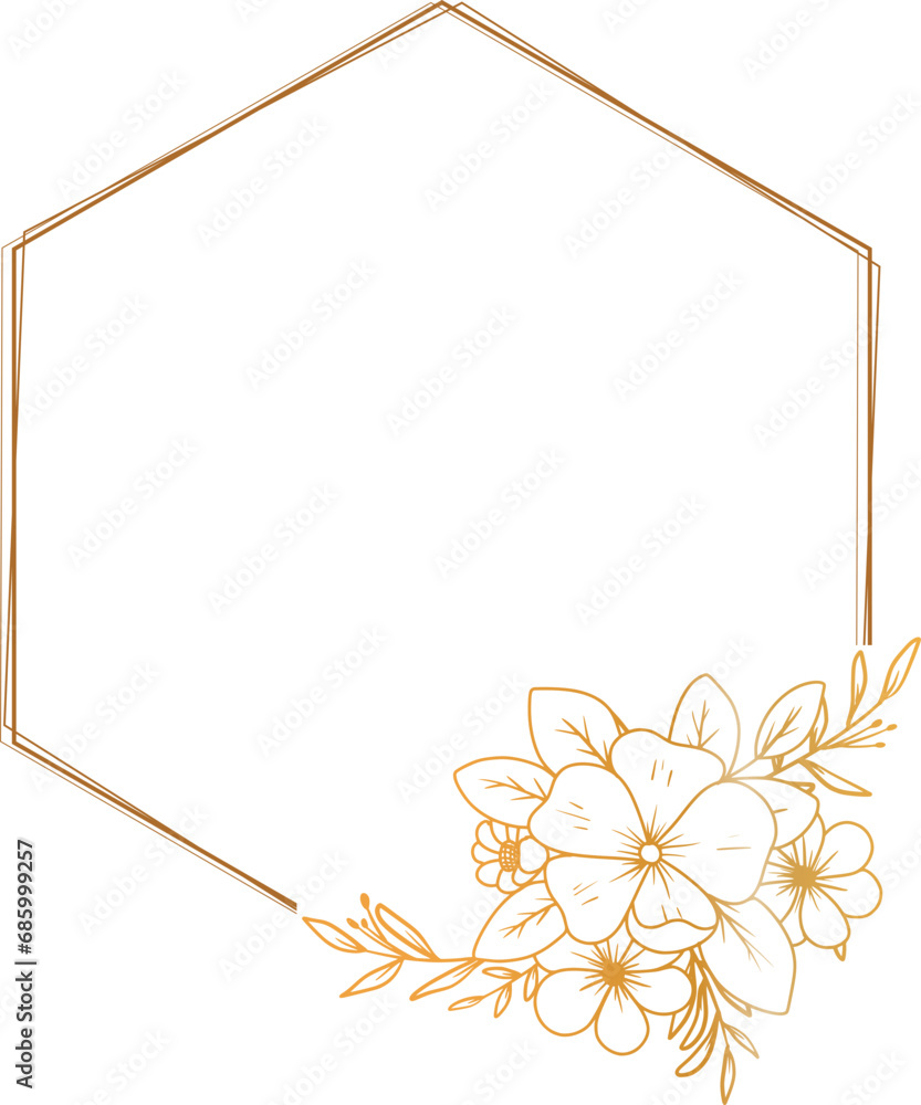 Obraz premium gold hexagon floral frame with hand drawn flower and leaves