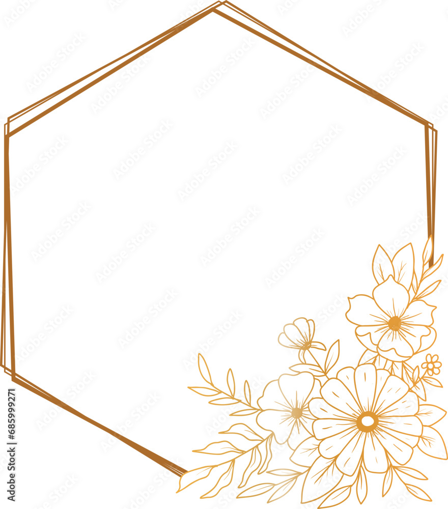 gold hexagon floral frame with hand drawn flower and leaves gold hexagon floral frame with hand drawn flower and leaves