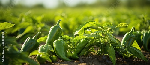 Organic farming grows leafy green or sweet peppers (Capsicum annuum) in the field. photo