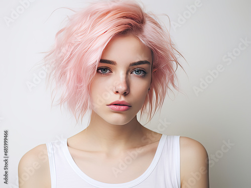 a beautiful young woman with a pink short hair