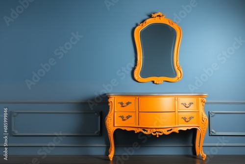 A striking vintage orange dresser with ornate details stands against a deep blue wall, complemented by a matching mirror with a flamboyant frame. The contrast of colors and the classic design evoke a