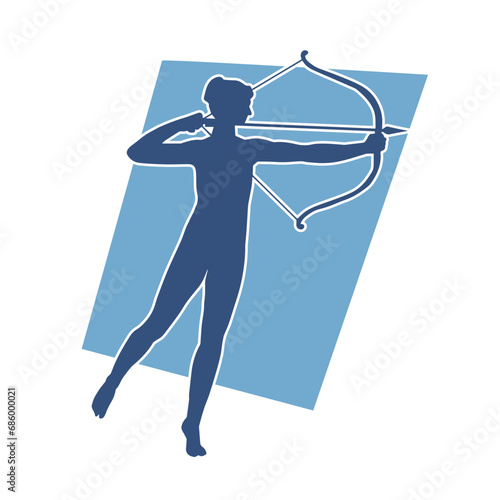 Silhouette of a female warrior with archery weapon. Silhouette of an archer woman in action pose.