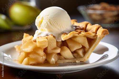Slice of apple pie with ice cream on plate photo