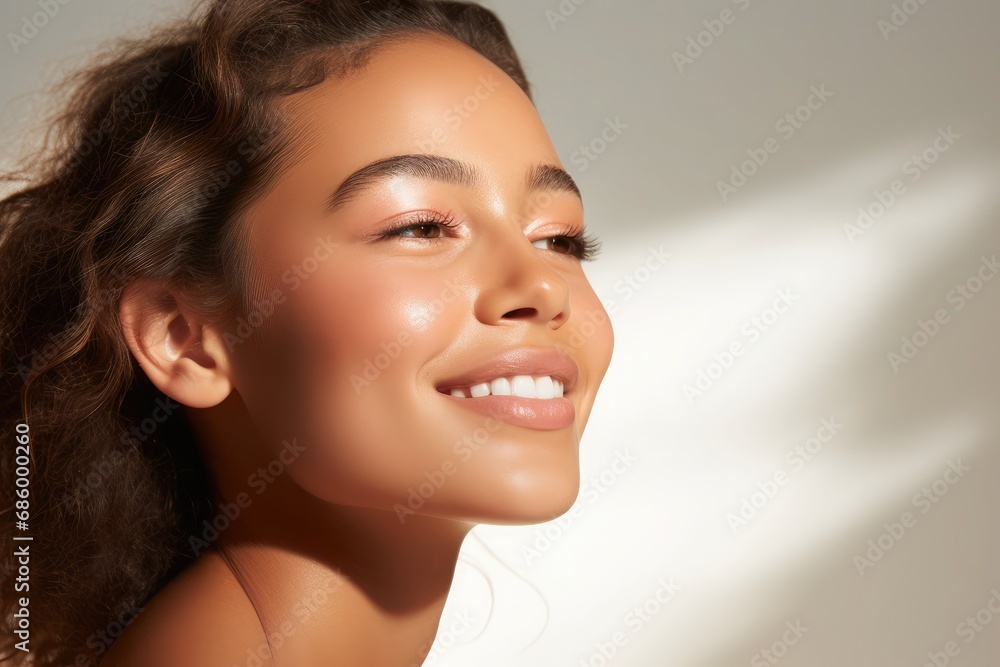 Naklejka premium Close up of beautiful face. Glow skin and plump lips with natural makeup. Part of face, highlighter, shimmer, bronzer. Make up concept. Portrait of young woman with closed eyes. Mouth slightly open.