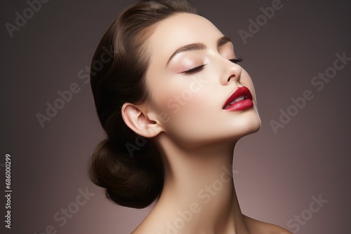 Close up of beautiful face. Glow skin and plump lips with natural makeup. Part of face, highlighter, shimmer, bronzer. Make up concept. Portrait of young woman with closed eyes. Mouth slightly open.