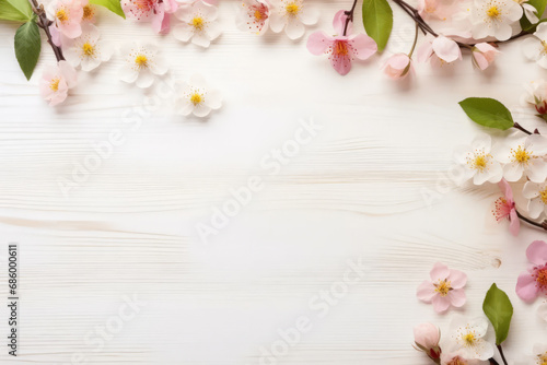 Spring flowers flat lay on a white wooden background with a place for text. AI generative