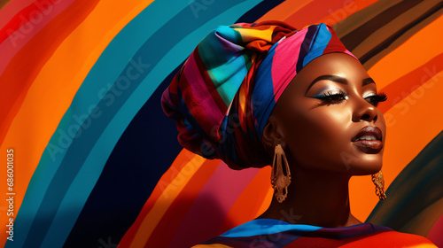 African-American black woman or modeler wearing African jewelry and colorful dress in a vivid background, African fashion model posing portrait photo