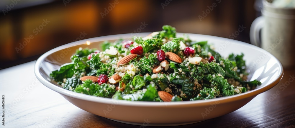 Kale and quinoa salad with cranberry and almonds, a nutritious and raw dish.