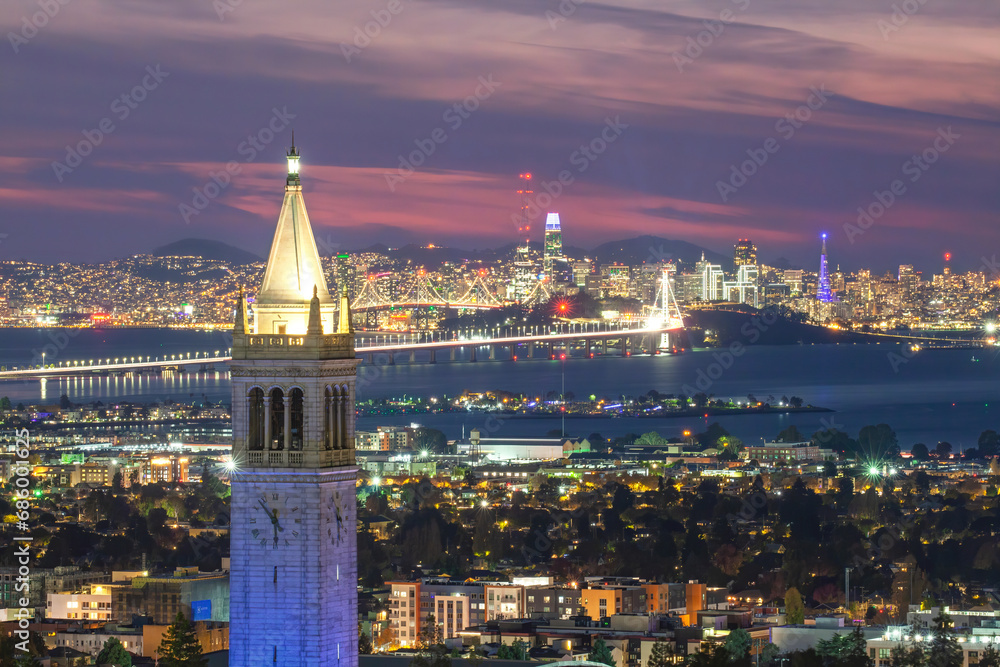 Sather Tower in UC Berkeley and San Francisco City Skyline at Sunset