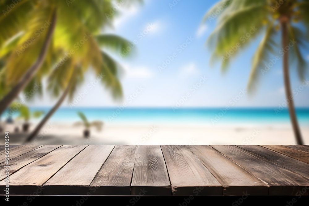 selective depth of field shot of wooden decking with tropical beach in background, product display mockup with palm trees selective depth of field shot of wooden decking with tropical beach in background, product display mockup with palm trees