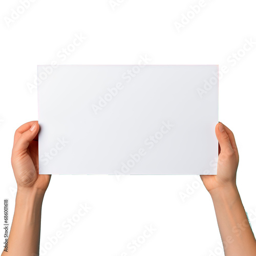 Hands holding blank paper sheet isolated on white background with clipping path