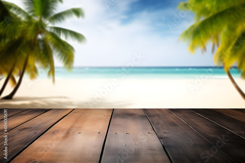 selective depth of field shot of wooden decking with tropical beach in background, product display mockup with palm trees