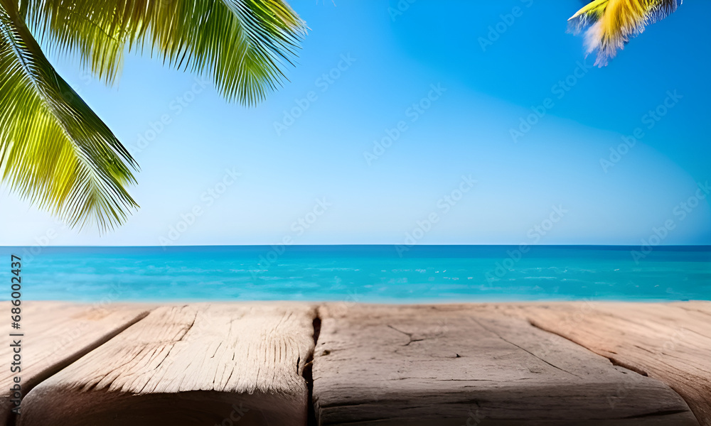 beach with old teble wooden background
