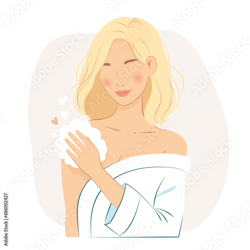 Blonde girl in a white robe washes her body with a washcloth in the bathroom. Minimalism stylish modern vector illustration on white background.