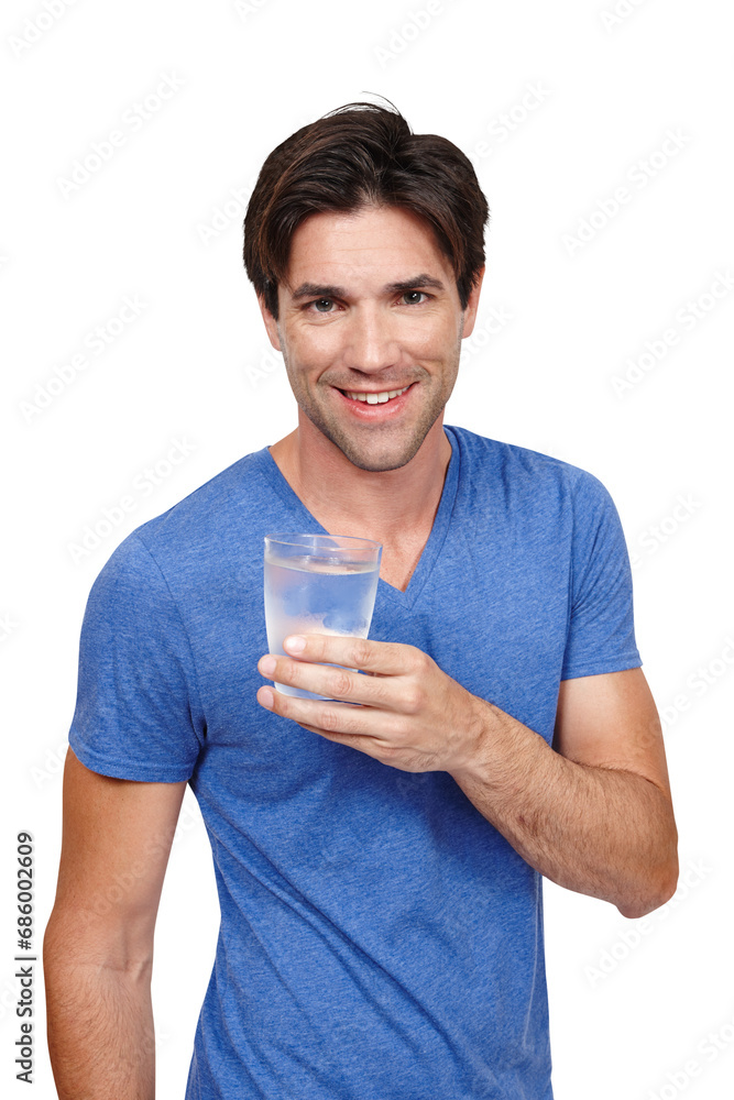 Portrait, glass of water a young man isolated on a transparent background to recommend a drink. Hydration, beverage and refreshment with a confident person on PNG for health, diet or nutrition Portrait, glass of water a young man isolated on a transparent background to recommend a drink. Hydration, beverage and refreshment with a confident person on PNG for health, diet or nutrition
