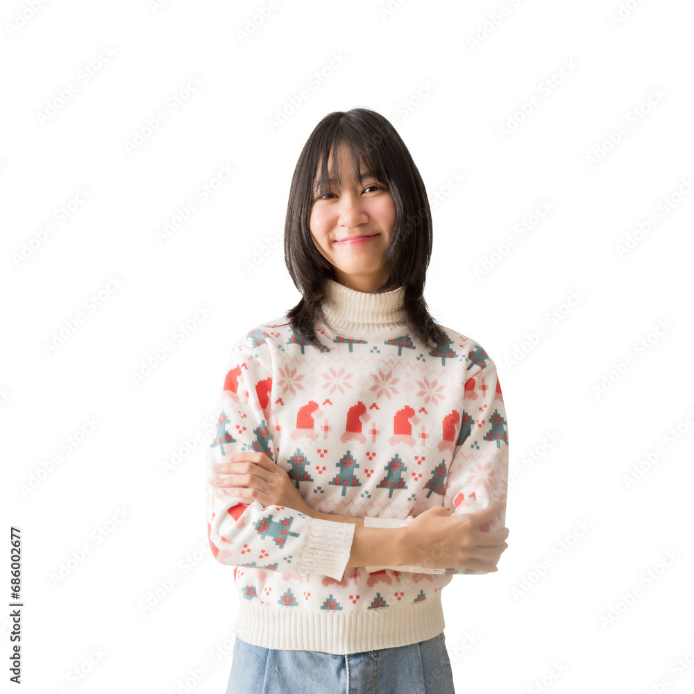 Portrait happy smiling asian teenager girl standing posing with arms crossed, Wearing a Christmas sweater winter season clothes, isolated on white and transparent background Portrait happy smiling asian teenager girl standing posing with arms crossed, Wearing a Christmas sweater winter season clothes, isolated on white and transparent background
