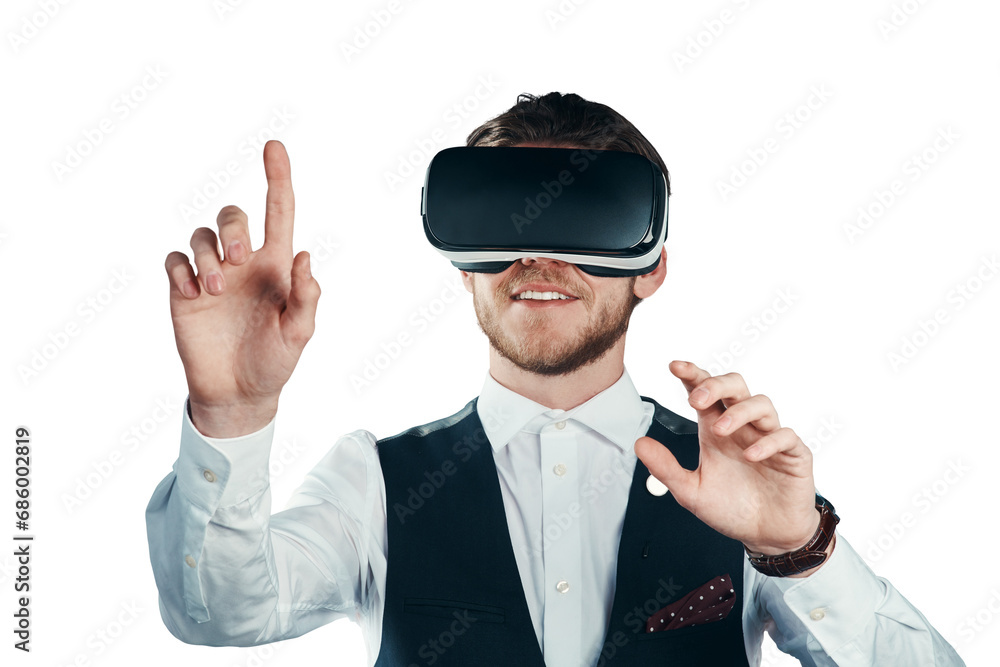 VR, goggles and happy business man pointing, scroll or typing on cyber network, augmented reality or future AI. Digital transformation, metaverse or agent isolated on transparent, png background VR, goggles and happy business man pointing, scroll or typing on cyber network, augmented reality or future AI. Digital transformation, metaverse or agent isolated on transparent, png background