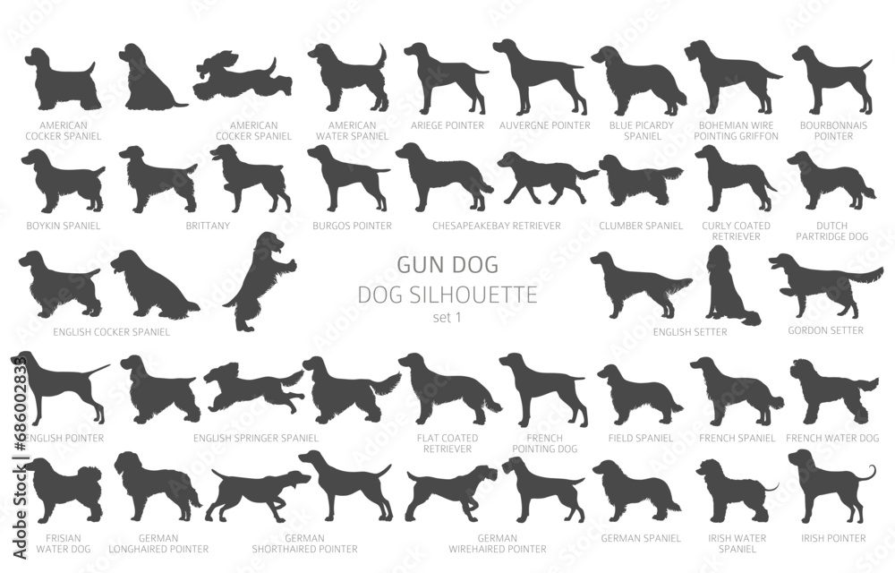 Dog breeds silhouettes, simple style clipart. Hunting dogs, Gun dogs collection