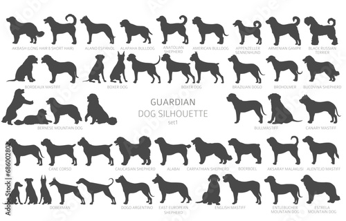 Fototapeta Naklejka Na Ścianę i Meble -  Dog breeds silhouettes, simple style clipart. Guardian dogs and service dog collection