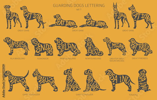 Dog breeds silhouettes with lettering, simple style clipart. Guardian dogs and service dog collection