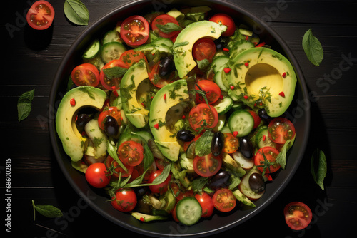 A delicious bowl of salad filled with fresh tomatoes, crisp cucumbers, and creamy avocado
