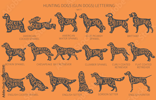 Dog breeds silhouettes with lettering, simple style clipart. Hunting dogs and Gun dog collection