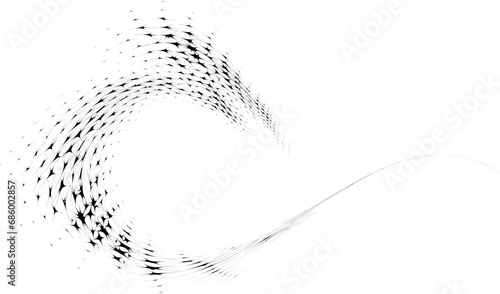 Rounded whirlpool frame with a twisted lateral line. Radial swirling stellar halftone elements. For logos, trademarks, emblems. Space for copy text. Vector.