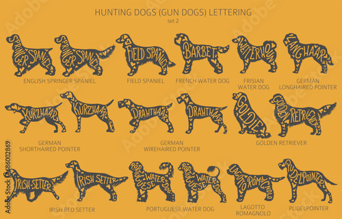 Dog breeds silhouettes with lettering, simple style clipart. Hunting dogs and Gun dog collection