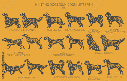 Dog breeds silhouettes with lettering, simple style clipart. Hunting dogs and Gun dog collection photo