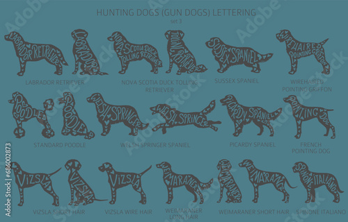 Dog breeds silhouettes with lettering, simple style clipart. Hunting dogs and Gun dog collection